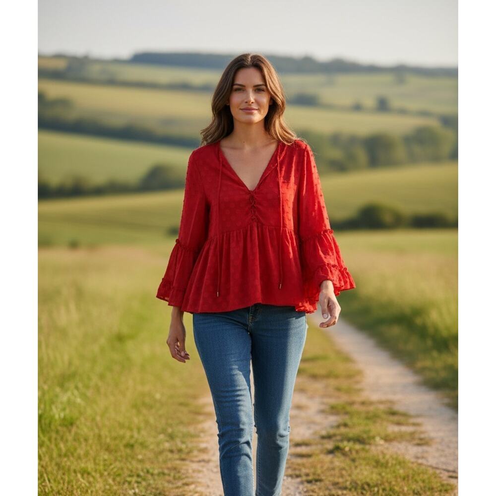 Soft Surroundings Blouse Womens Medium Petite Red Polka Dot Boho Bell Sleeve